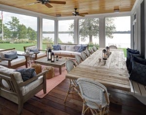 picture of a screened porch with tables and seating
