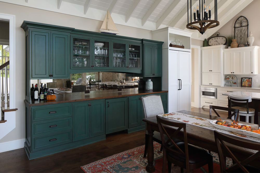 kitchen with dark green cupboards